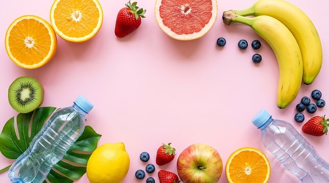 Buah-buahan Segar dan Botol Air di Latar Belakang Merah Muda dengan Ruang Salin