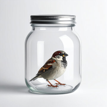 Gorri&oacute;n dentro de un tarro de cristal transparente con tapa met&aacute;lica sobre fondo blanco, concepto de aislamiento, privaci&oacute;n de libertad, encierro y derechos de los animales