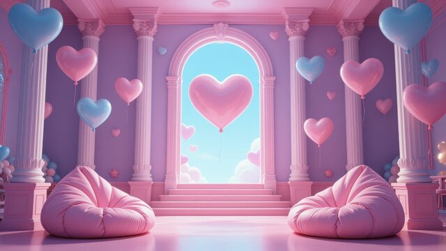 Pink Heart Balloons Floating in a Dreamy Pastel Palace