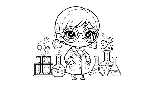 Cute scientist girl in lab coat and glasses with beakers and test tubes test tube science educatio