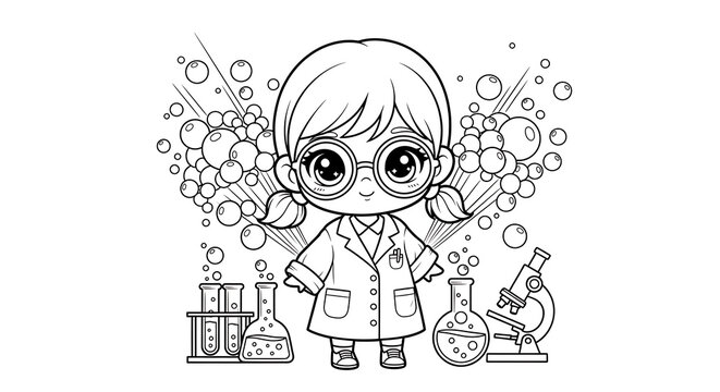 Cute cartoon scientist girl with lab equipment and bubbles line art coloring page test tube