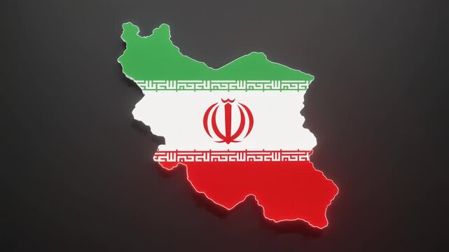 A three-dimensional map of Iran featuring the national flag texture, floating against a dark gray background with soft edge lighting.