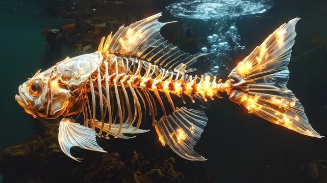 A detailed illustration of a fish skeleton with glowing, golden highlights