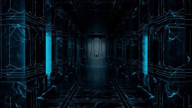 データセキュリティコンセプト向けの黒曜石の神殿とシアンの量子ネオンの輝き