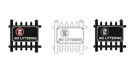 Naklejka premium Sign no littering icon set with fence and warning messages