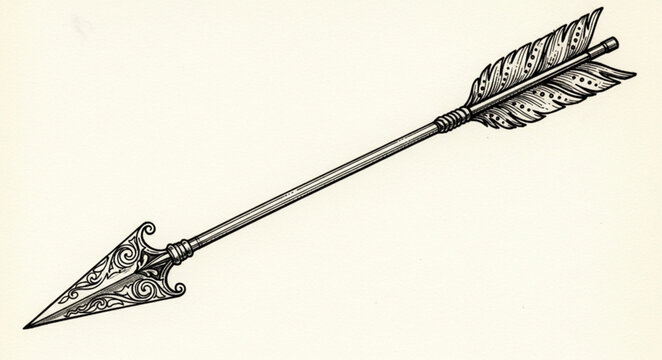 Vintage hand drawn arrow with feathered fletching.
