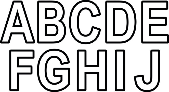 Alphabet letters from A to J in bold font outline style