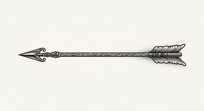 Vintage hand drawn hunting arrow with fletching and pointed tip.