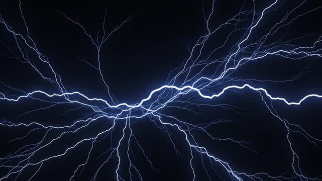 Multiple blue and white lightning strikes branching across a dark night sky during a heavy thunderstorm showing electrical discharge and energy patterns in the atmosphere.