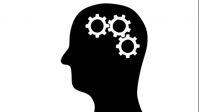 2D animation of black human profile with white interlocking gears inside brain area. Symbolizes logical thinking, productivity, cognitive process, mechanical mind and problem solving.