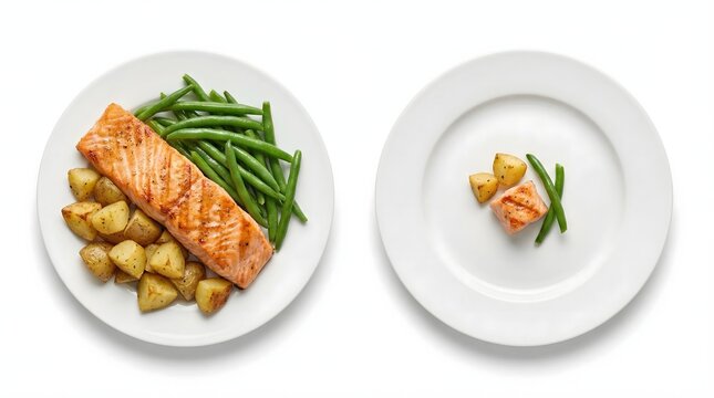 Two plates with different portion sizes isolated on white background representing shrinkflation and reduced food quantity.