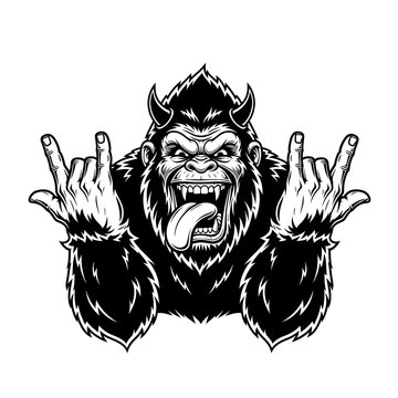 Aggressive gorilla mascot with devil horns making rock and roll hand gesture in black and white