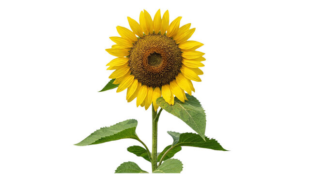 A vibrant sunflower with detailed petals and a green stem on transparent background