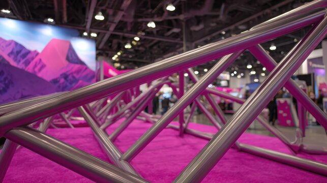 Polished chrome geometric truss structure providing support for event displays and banners.