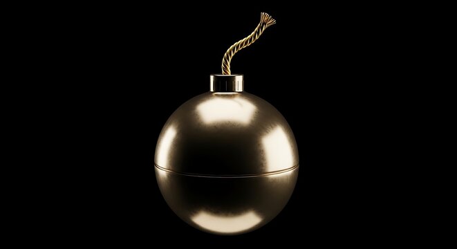 Shiny golden sphere resembling a bomb, fuse lit, against a black background