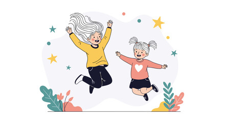 Naklejka premium Happy young girls jumping for joy and celebrating their friendship against a whimsical background with colorful stars and plants.