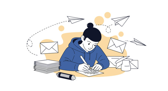 Creative individual focused on writing a heartfelt letter with many paper airplanes and envelopes flying in a whimsical blue atmosphere.