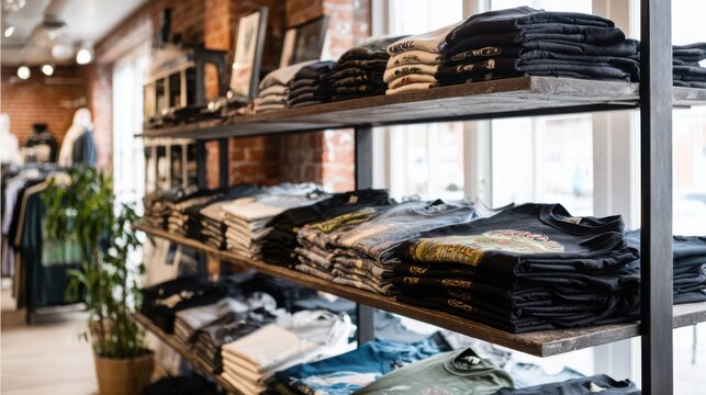 Neatly folded t-shirts and apparel displayed on industrial-style metal shelving units within a retail store setting