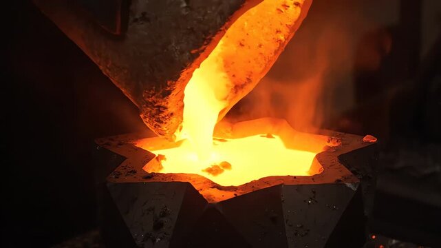 Molten metal pouring into star mold in a foundry with bright sparks and intense heat during industrial manufacturing