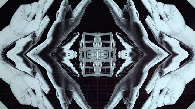 An esoteric themed kaleidoscopic abstract background featuring posed spinning hands in a looping pattern with pulsing and morphic geometric shapes.
