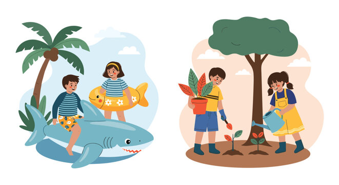 Educational children activities showing kids playing with a shark float in a pool and others planting trees to care for the environment.