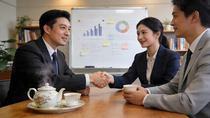 Fototapeta premium Businessman and businesswoman having a meeting with client in office 