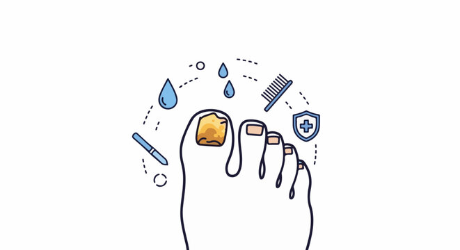 Illustration of a foot with a fungal nail infection and related care icons