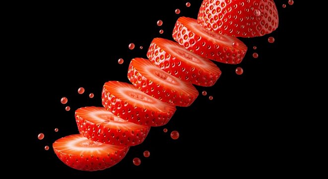 Sliced, vibrant strawberries cascade against a stark black backdrop. Close-up, fresh and appetizing