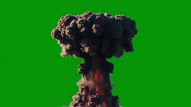 Massive mushroom cloud explosion with fire and smoke on green screen background