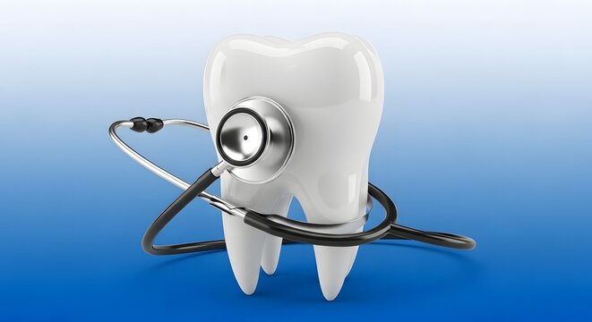 A white tooth with a stethoscope wrapped around it on a blue background