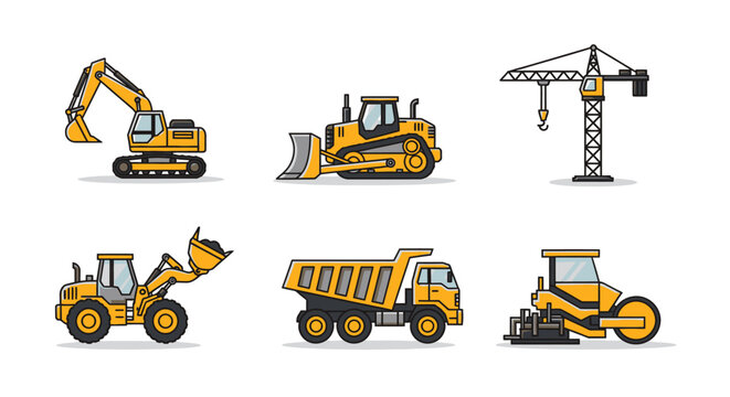 Heavy construction vehicles equipment icons.