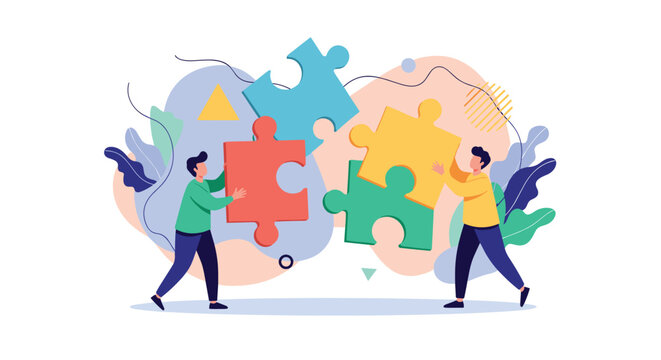 Collaborative team of people fitting together large colorful jigsaw puzzle pieces to represent problem solving and effective teamwork.