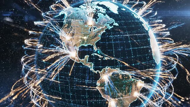 Digital Earth with glowing data streams connecting continents and cities