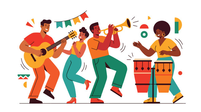 Latin Music Celebration with Group of Musicians Flat Vector Illustration