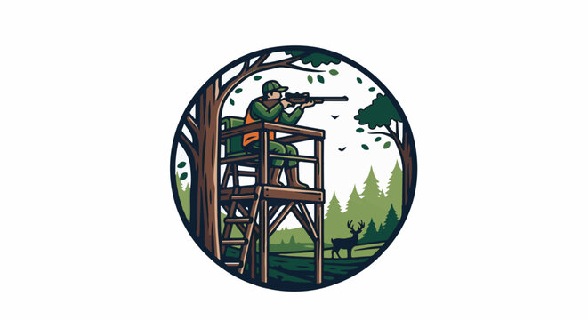 Hunter in elevated stand aims rifle at deer in forest landscape