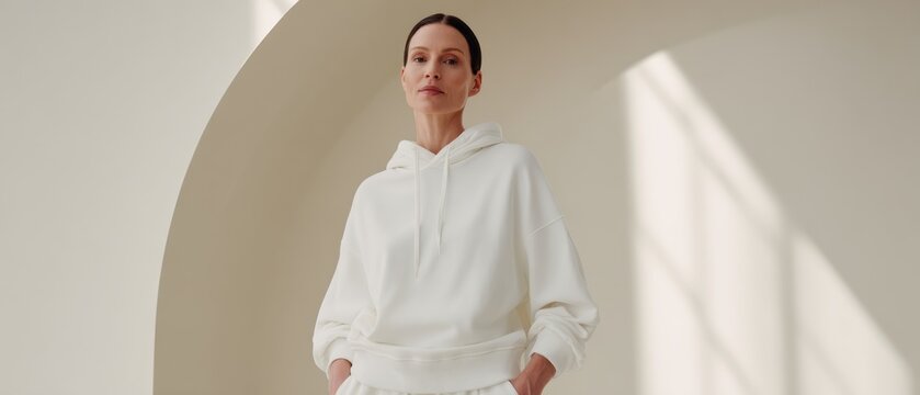 A woman in a white hooded sweatshirt and pants stands looking forward, illuminated by sunlight