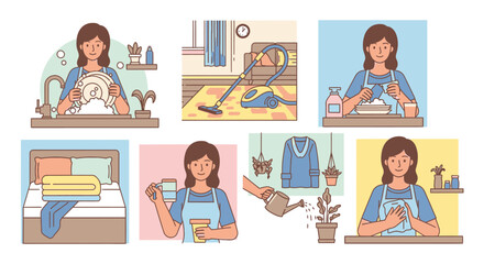 Fototapeta premium Woman cleaning and doing laundry tasks.