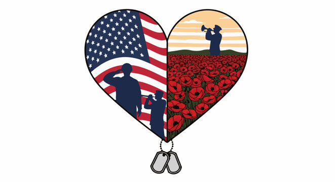 Heart-shaped tribute honoring veterans with flag, poppies, and bugler