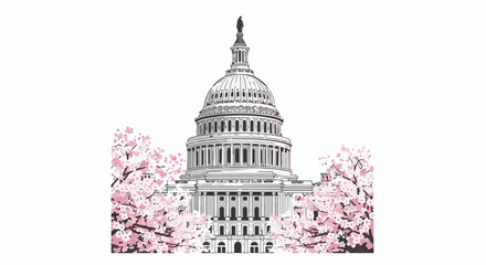 Iconic dome building with blooming pink cherry blossoms © ikus