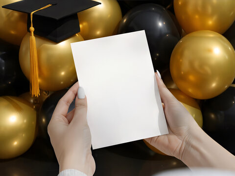 Hands holding blank white vertical card mockup. Graduation cap and gold balloons on background. Graduation invitation or announcement template
