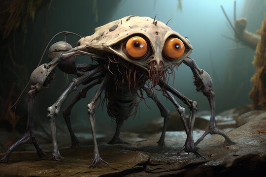 Creature with a chitinous shell and multiple legs standing on a dark, wet ground