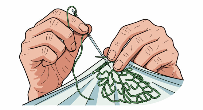 Hands sewing a green decorative pattern onto white fabric with a needle
