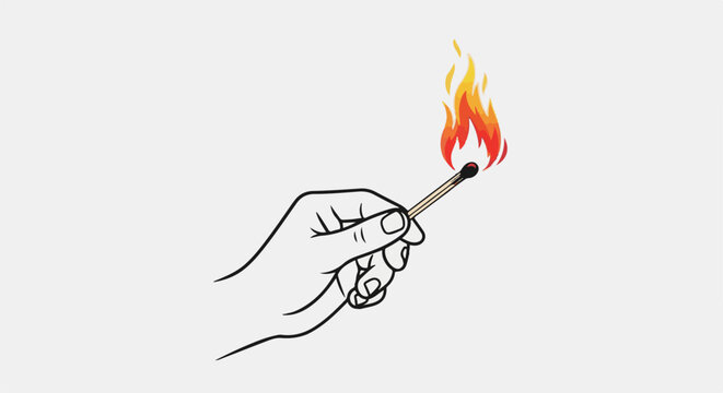 Hand holding a lit match with orange and yellow flames