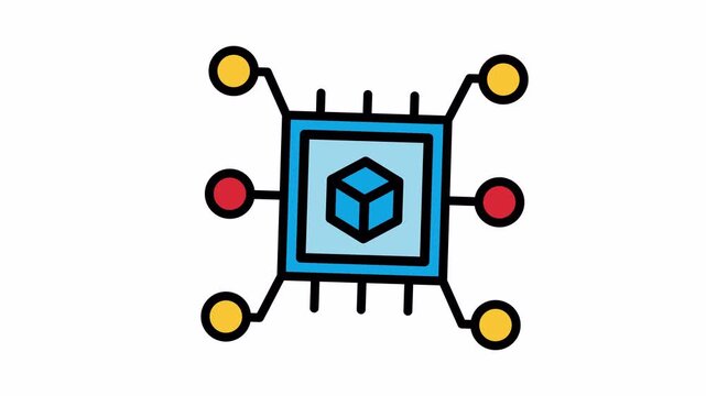 A colorful icon depicting a central processing unit or chip with a 3D cube, connected to multiple external nodes, symbolizing data processing and network technology.