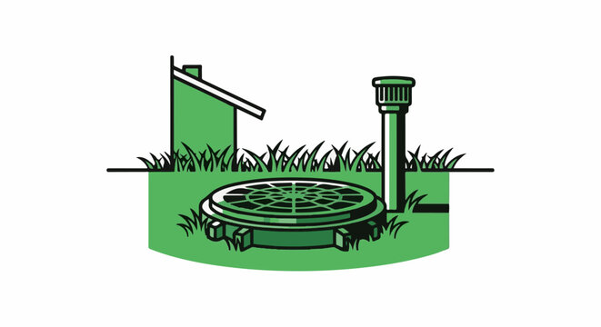 Green graphic of a manhole cover, grass, and plumbing pipe