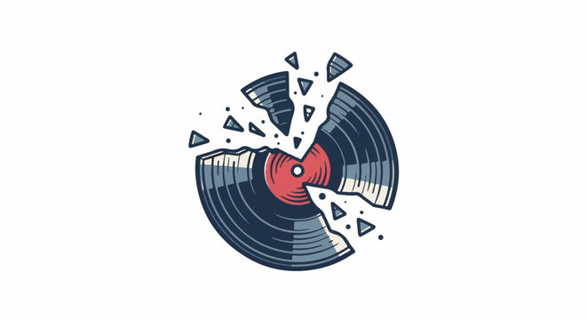 Fragmented vinyl record with a red center spinning in shards
