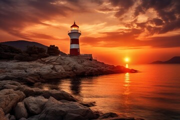 Fototapeta premium Lighthouse illuminating the dusk, guiding ships along the mediterranean coastline