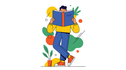 Fototapeta premium Person Reading Book Covering Face Flat Vector Illustration, Minimal Modern Lifestyle Concept