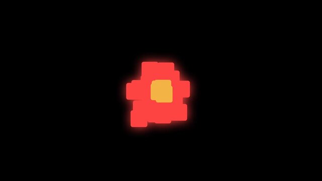 Retro style 8-bit pixel art explosion with vibrant red, green, and blue blocks. Abstract colorful geometric animation on a black background for gaming and motion graphics.