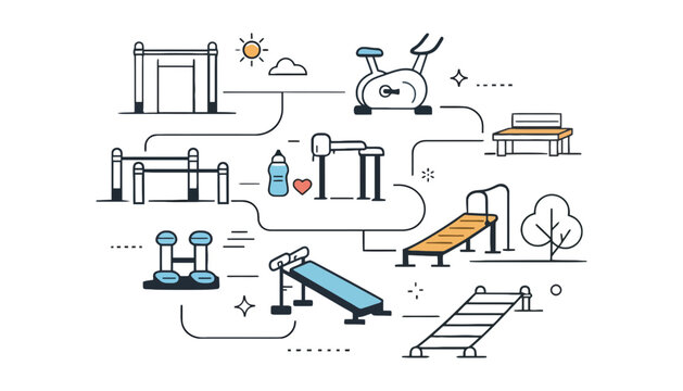 Gym vector illustration of various exercise equipment in a park setting